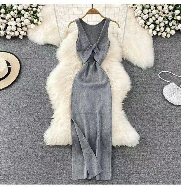 Fashion Women's Solid V Neck Elegant Sexy Club Slim Vest Long Dress Summer Vacation Backless Sleeveless Split Knitted Dress Chic