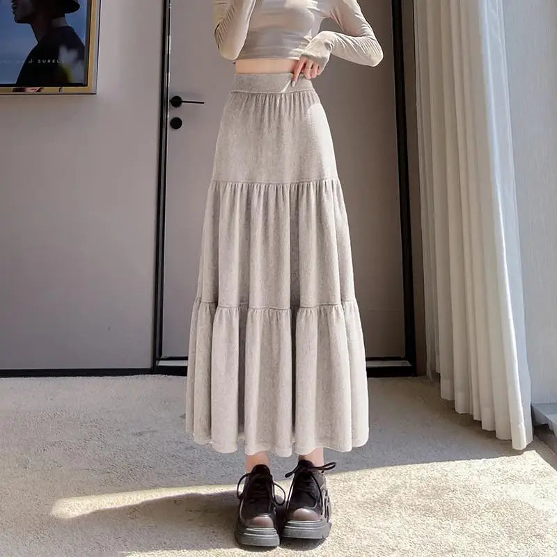 Vintage Women Solid High Waist Versatile Pleated A-line Long Skirts 2024 Autumn Winter French Sweet Cake Knit Skirt Streetwear