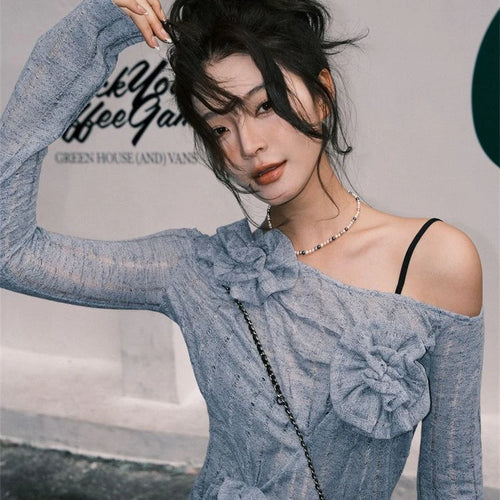 Load image into Gallery viewer, Autumn Sweet Solid 3D Flower Women's T-Shirt  New Knitted Streetwear Bottoming Tshirts Y2k Aesthetic Slash Neck Tee Shirts
