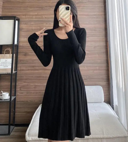 Black Elegant Knitted Pleated Mini Dress Women Gray Slim O-neck Long Sleeve Party A-line Dress 2023 Autumn Lady Streetwear Robe