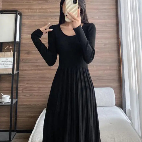 Load image into Gallery viewer, Black Elegant Knitted Pleated Mini Dress Women Gray Slim O-neck Long Sleeve Party A-line Dress 2023 Autumn Lady Streetwear Robe
