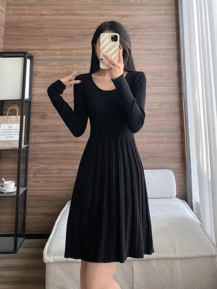 Black Elegant Knitted Pleated Mini Dress Women Gray Slim O-neck Long Sleeve Party A-line Dress 2023 Autumn Lady Streetwear Robe