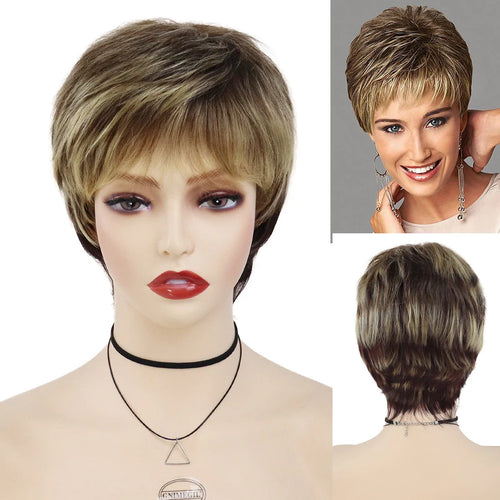 Load image into Gallery viewer, Synthetic Short Pixie Cut Wig Women Natural Hairstyle Bangs Wig Blonde Mix Brown Soft Straight Wig for Chemo Patient
