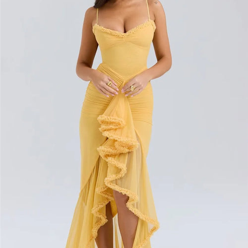 Load image into Gallery viewer, Ruffled Draped Ruched Sexy Maxi Dress For Women Yellow Spaghetti Strap Sleeveless Backless Club Party Sexy Long Dress
