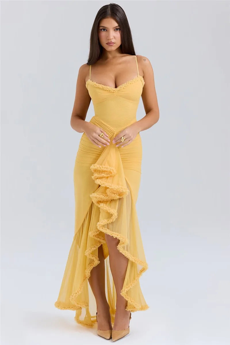 Ruffled Draped Ruched Sexy Maxi Dress For Women Yellow Spaghetti Strap Sleeveless Backless Club Party Sexy Long Dress