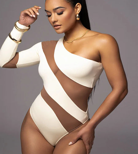 Sexy Stripe Long Sleeve Bodysuit Women One Shoulder Tight Elastic Female Bodysuit Casual Fashion Street Autumn New 2023