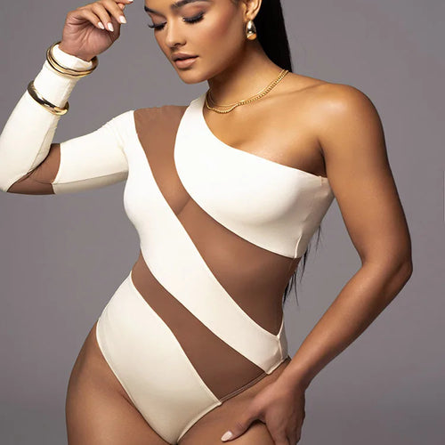 Load image into Gallery viewer, Sexy Stripe Long Sleeve Bodysuit Women One Shoulder Tight Elastic Female Bodysuit Casual Fashion Street Autumn New 2023
