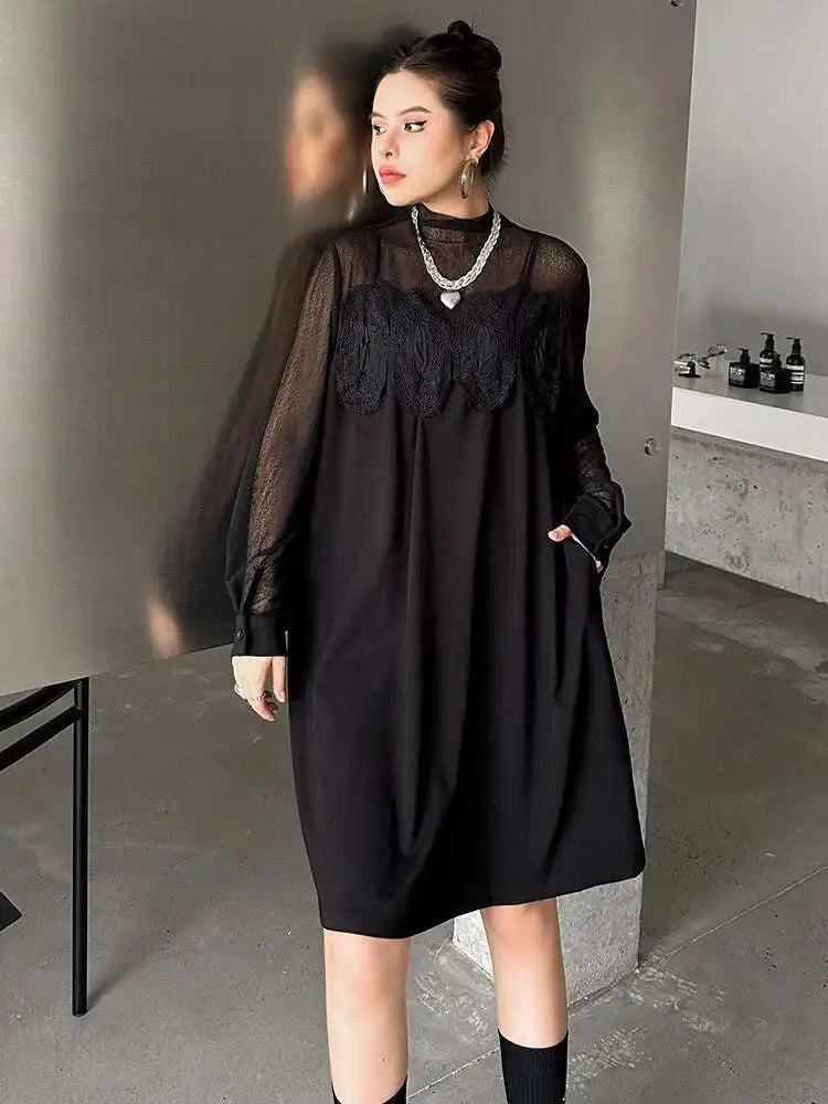 Women Black Mesh Lace Big Size Elegant Knee-Length Dress New Turtleneck Long Sleeve Fashion Spring Autumn 2025 1DH8734