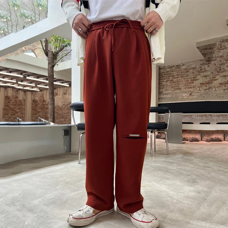 Korean Hole Pants Men Metal Decoration Solid Color Drawstring Wide Leg Trousers Fashion Male Streetwear Summer 28W3836