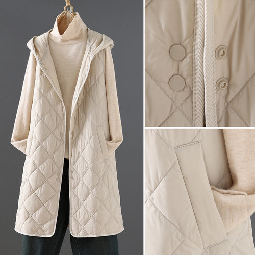 Load image into Gallery viewer, Winter Down Cotton Vest Women Sleeveless Jacket Vintage Warm Casual Mid Length Coat Ladies Single Breast Long Hooded Waistcoat
