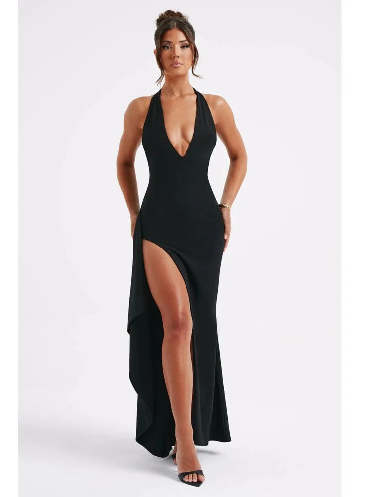 Women's Sexy Sleeveless High Split Evening Dress, Lace Up Neck Fold, Elegant Female Fashion, Backless Partywear, 2024