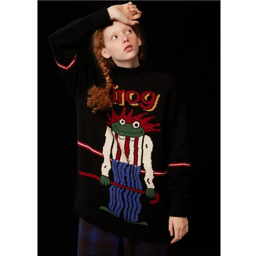 Load image into Gallery viewer, Women&#39;s Cartoon Forg Embroidery Knitted Sweaters 2023 Winter Thick Warm Vintage Jacquard Sweater Knit Pullovers
