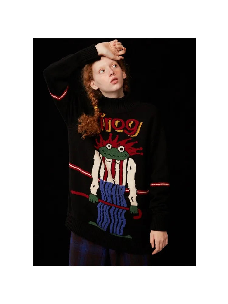 Women's Cartoon Forg Embroidery Knitted Sweaters 2023 Winter Thick Warm Vintage Jacquard Sweater Knit Pullovers