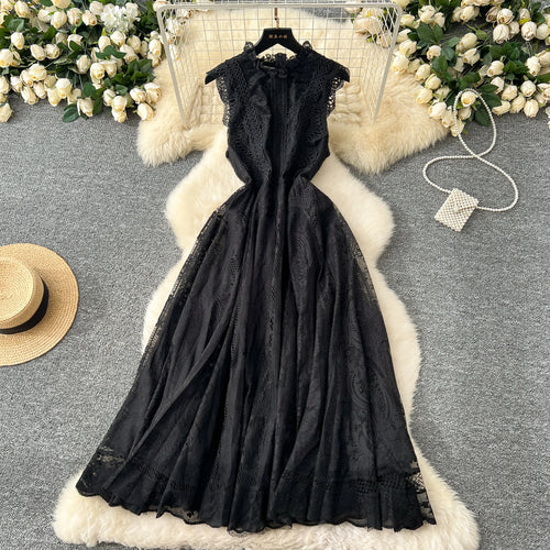 Load image into Gallery viewer, French Retro Romantic Women's Black Lace Elegant Sleeveless Long Dress Summer White Sexy Slim Ruffles Evening Party Fairy Dress
