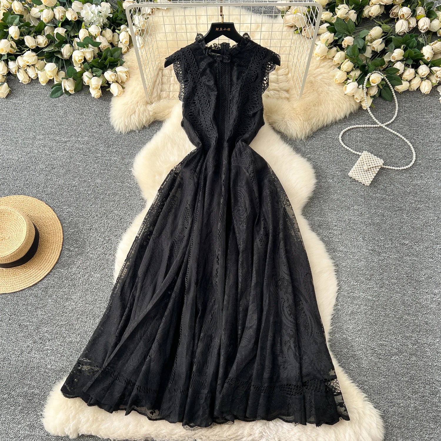 French Retro Romantic Women's Black Lace Elegant Sleeveless Long Dress Summer White Sexy Slim Ruffles Evening Party Fairy Dress