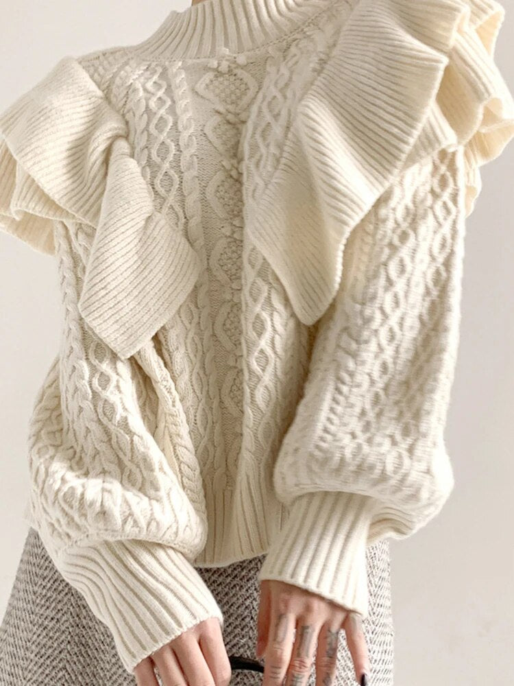 Patchwork Ruffles Knitting Sweaters For Women Half High Collar Lantern Sleeve Loose Solid Sweater Female Fashion