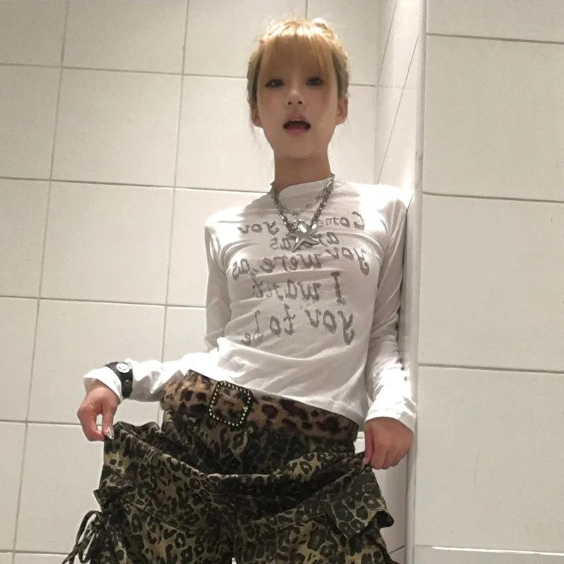 Japanese Y2k Letter Print T-shirt Trashy 2000s Style Long Sleeve T Shirt Vintage Harajuku Distressed Tops American Retro