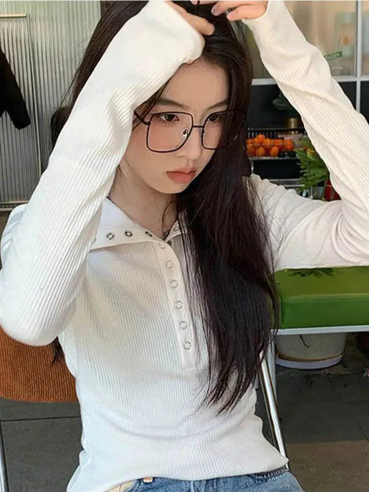 Women's Y2K Knitted Sweater Long Sleeve Slim Fit Pullover Top for Autumn Winter Versatile Bottoming Layer All Match Design