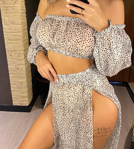 Leopard Off Shoulder Long Sleeve 2 Pieces Set Beach Cover Up Cover-ups Beach Dress Beach Wear Beachwear Female Women V3728