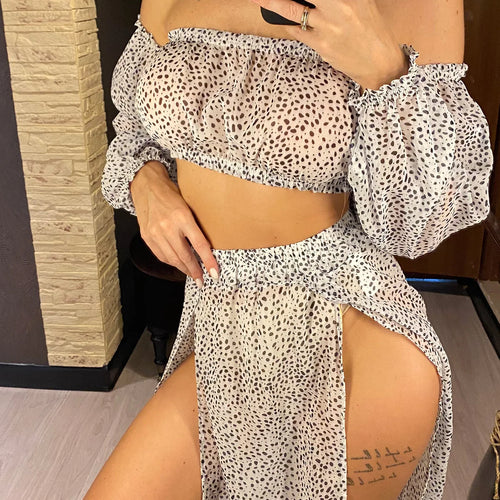 Load image into Gallery viewer, Leopard Off Shoulder Long Sleeve 2 Pieces Set Beach Cover Up Cover-ups Beach Dress Beach Wear Beachwear Female Women V3728
