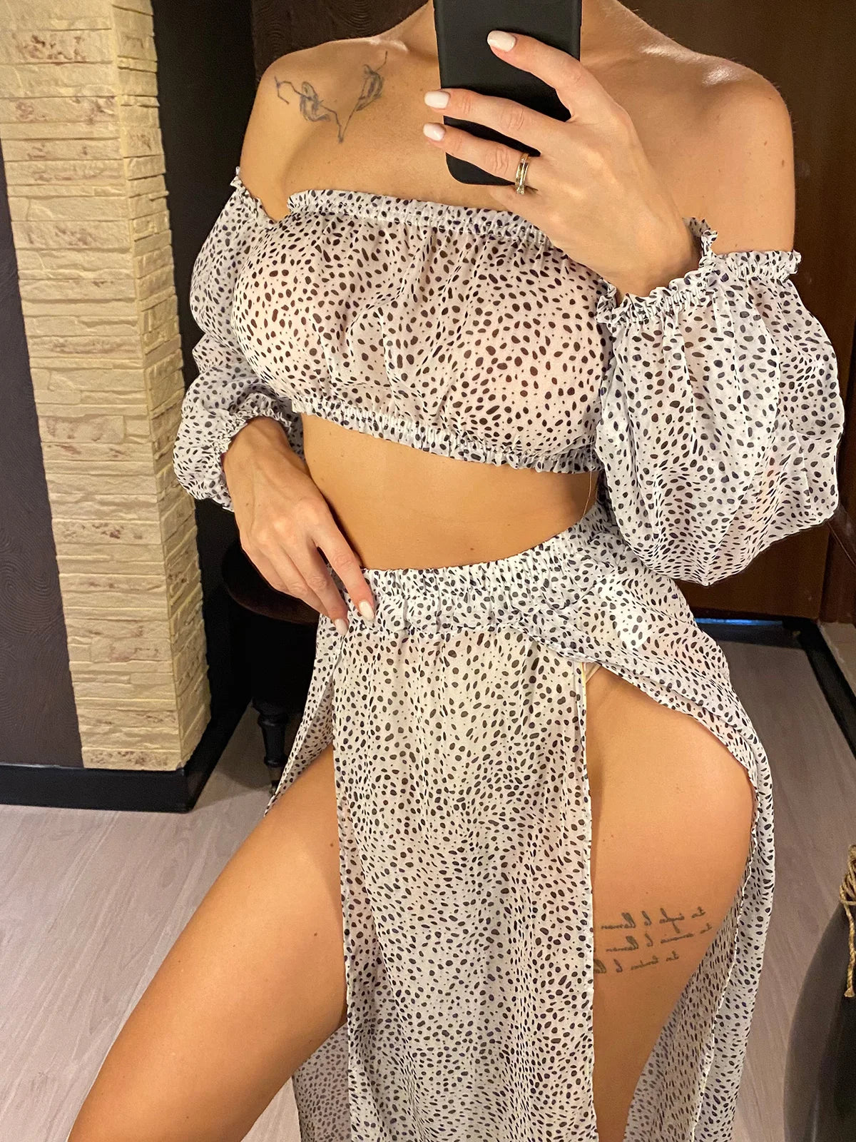 Leopard Off Shoulder Long Sleeve 2 Pieces Set Beach Cover Up Cover-ups Beach Dress Beach Wear Beachwear Female Women V3728