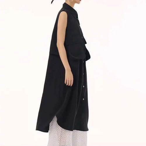 Load image into Gallery viewer, Women Black Shaped Pockets Big Size Midi Shirt Vest Dress New Lapel Sleeveless Fashion Tide Spring Autumn 2025 1DH9471
