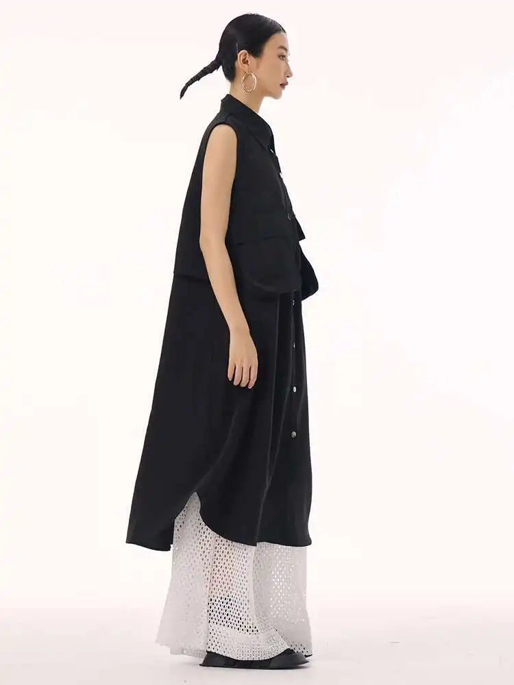 Women Black Shaped Pockets Big Size Midi Shirt Vest Dress New Lapel Sleeveless Fashion Tide Spring Autumn 2025 1DH9471