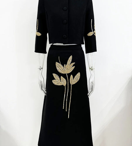 Solid Embroidery Two Piece Set For Women O Neck Long Sleeve Spliced Button Top High Waist Skirt Sets Female Fashion