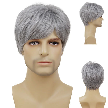 Synthetic Short Men Wig Cosplay Silver Grey Wig with Bangs Korean Male Hair Hairstyle Grandpa Halloween Costume Wigs