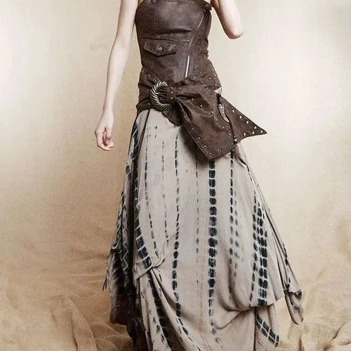 Load image into Gallery viewer, Women Brown Irregular Spliced Tie Dye Vintage Long Strapless Dress New Sleeveless Fashion Tide Spring Autumn 2025 1DH9375
