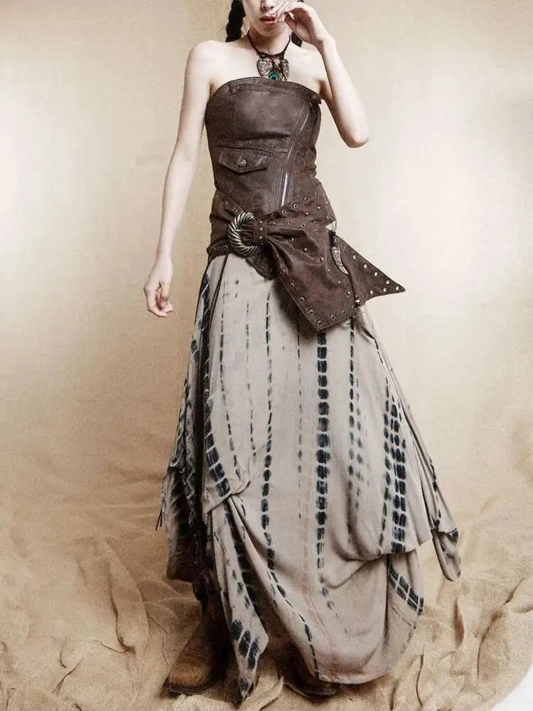 Women Brown Irregular Spliced Tie Dye Vintage Long Strapless Dress New Sleeveless Fashion Tide Spring Autumn 2025 1DH9375