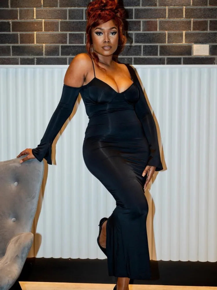 Autumn Oblique Shoulder Long Sleeve Dress For Women Sexy Wrap Hip Fit Irregular Long Dress Elegant Party Evening Dress