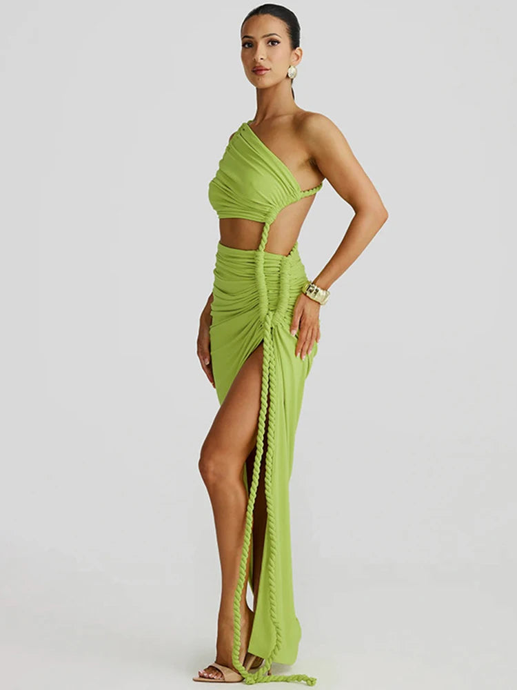 Off-shoulder Thigh High Split Sexy Maxi Dress For Women Fashion Strapless Sleeveless Ruched Bodycon Club Party Dress