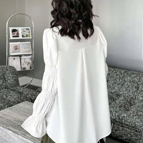 Load image into Gallery viewer, Women White Big Size Casual Blouse New Lapel Long Lantern Sleeve Pleated Shirt Fashion Tide Spring Autumn 2025 1DH4459

