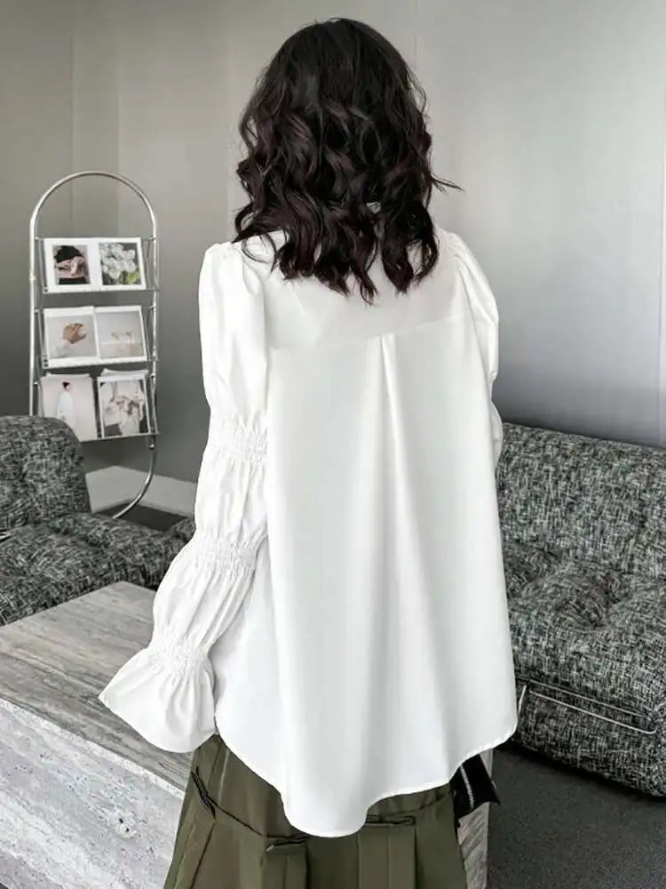 Women White Big Size Casual Blouse New Lapel Long Lantern Sleeve Pleated Shirt Fashion Tide Spring Autumn 2025 1DH4459
