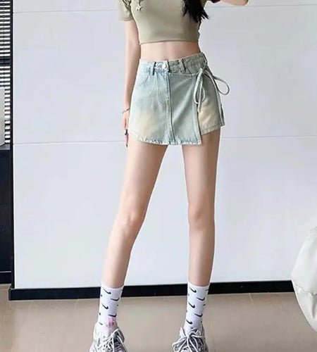 Spring Summer Vintage Fashion Blue Denim Slim Irregular Short Pant Women High Waist Elegant Lace-up Jean Shorts Streetwear Trend
