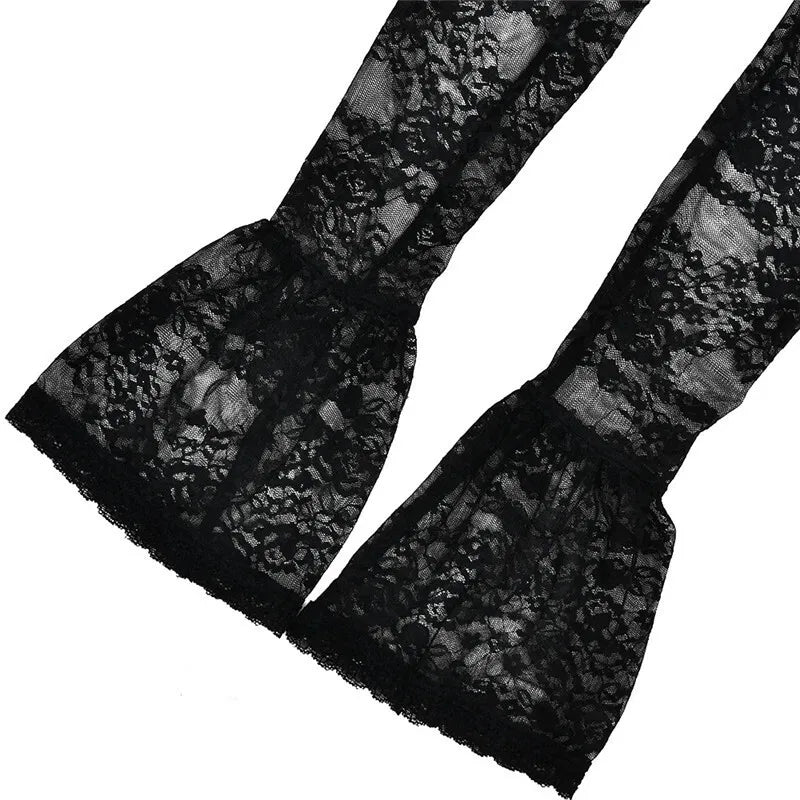 Black Lace Puffball Sexy Mini Dress For Women Fashion Lace-up Sheer Long Flare Sleeve High Waist Club Party Dress