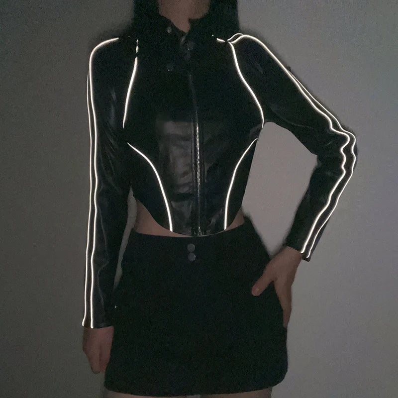 Reflective Stripe Spliced PU Leather Jacket Autumn Zip Up Coat Cropped Streetwear Moto Style Stitched Outwear Jackets