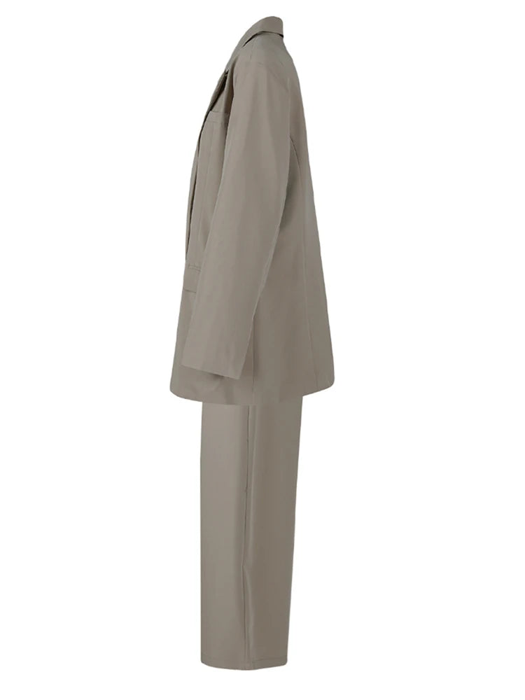 Big Size Khaki Long Blazer Wide Leg Pants Two Piece Suit New Lapel Long Sleeve Women Fashion Tide Spring Autumn 2025
