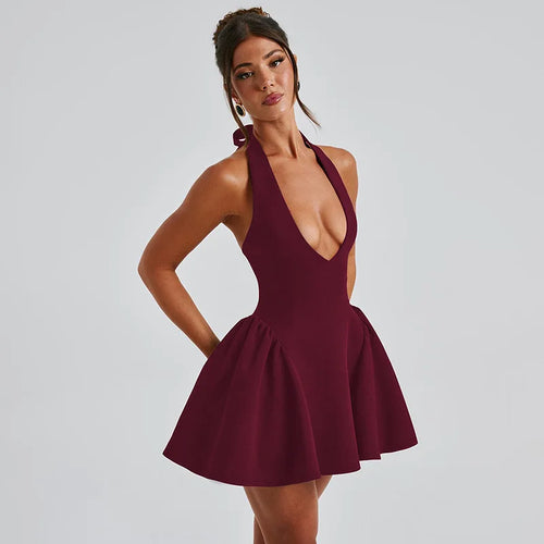 Load image into Gallery viewer, Deep V Neck Backless Sexy Mini Dress For Women Elegant Halter Sleeveless High Waist A-line Pleated Club Party Dress
