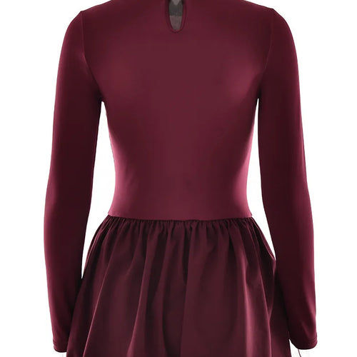 Load image into Gallery viewer, Turtleneck Long Sleeve Sexy Mini Dress For Women Robe Fashion Burgundy Patchwork High Waist A-line Club Pleated Dress
