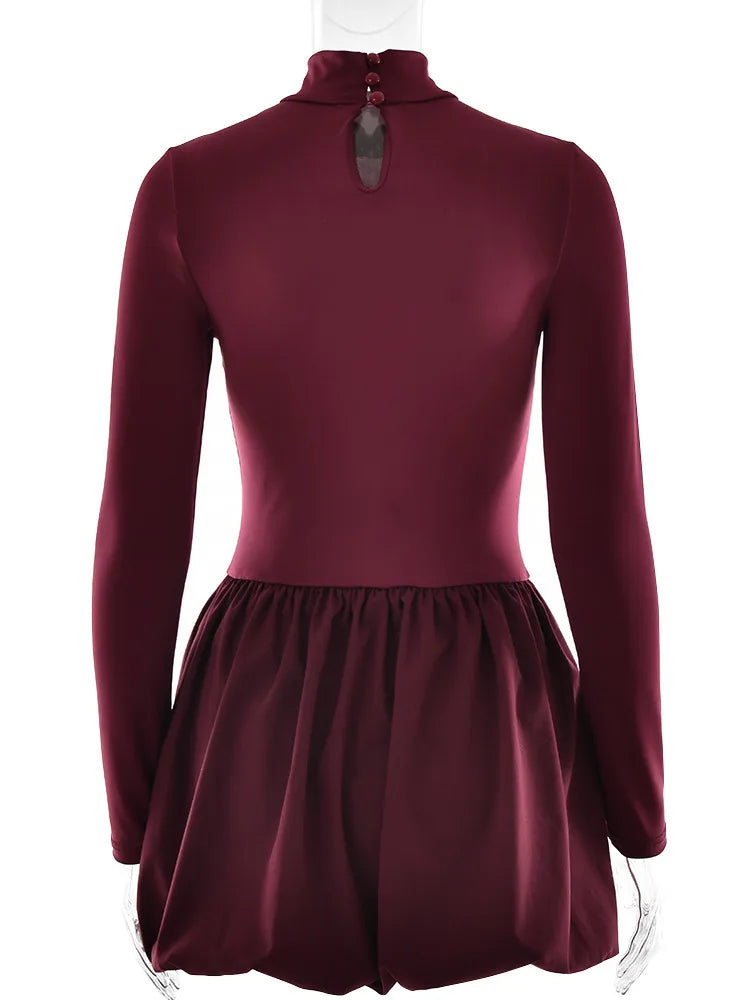 Turtleneck Long Sleeve Sexy Mini Dress For Women Robe Fashion Burgundy Patchwork High Waist A-line Club Pleated Dress