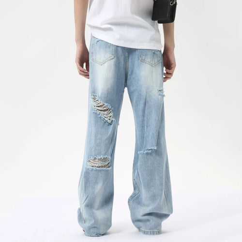 Load image into Gallery viewer, Niche Style Men&#39;s Denim Pants Loose Hole Straigth Trousers Wide Leg Male Casual Buttom zippers  Summer Fashion 9C6314
