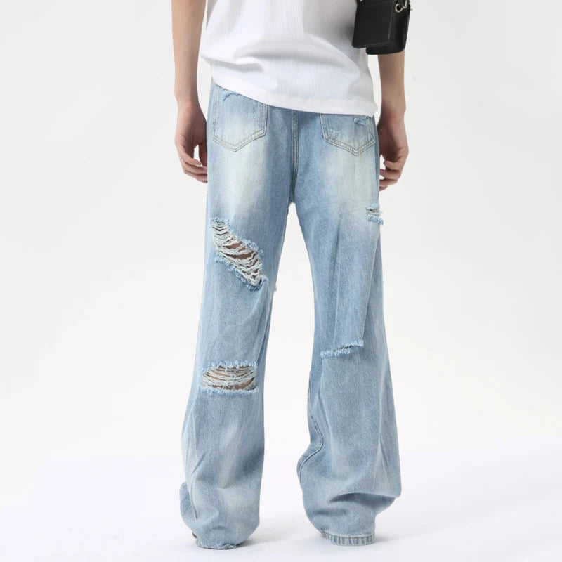 Niche Style Men's Denim Pants Loose Hole Straigth Trousers Wide Leg Male Casual Buttom zippers  Summer Fashion 9C6314