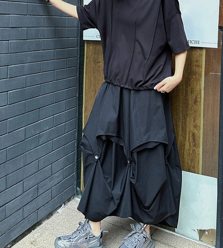 High Elastic Waist Black Button Irregular Pleated A-line Half-body Skirt Women Fashion Tide New Spring Autumn 2025 1DJ1296