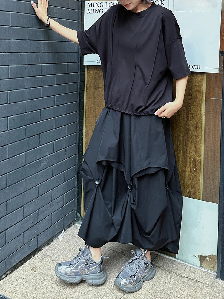 High Elastic Waist Black Button Irregular Pleated A-line Half-body Skirt Women Fashion Tide New Spring Autumn 2025 1DJ1296