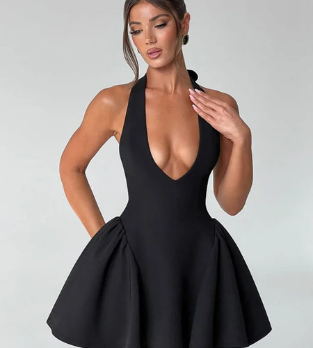 Deep V Neck Backless Sexy Mini Dress For Women Elegant Halter Sleeveless High Waist A-line Pleated Club Party Dress