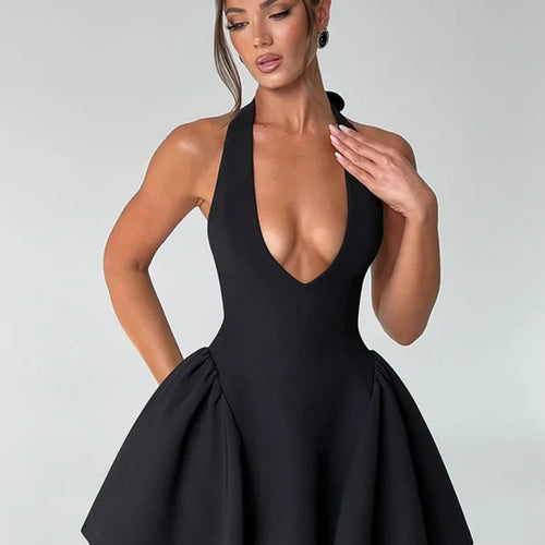 Load image into Gallery viewer, Deep V Neck Backless Sexy Mini Dress For Women Elegant Halter Sleeveless High Waist A-line Pleated Club Party Dress
