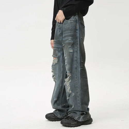 Load image into Gallery viewer, High Street Worn-out Male Denim Pants Straight Loose Men Jeans Washed Hole Design Hip Hop Zipper Men Clothing 9C6087
