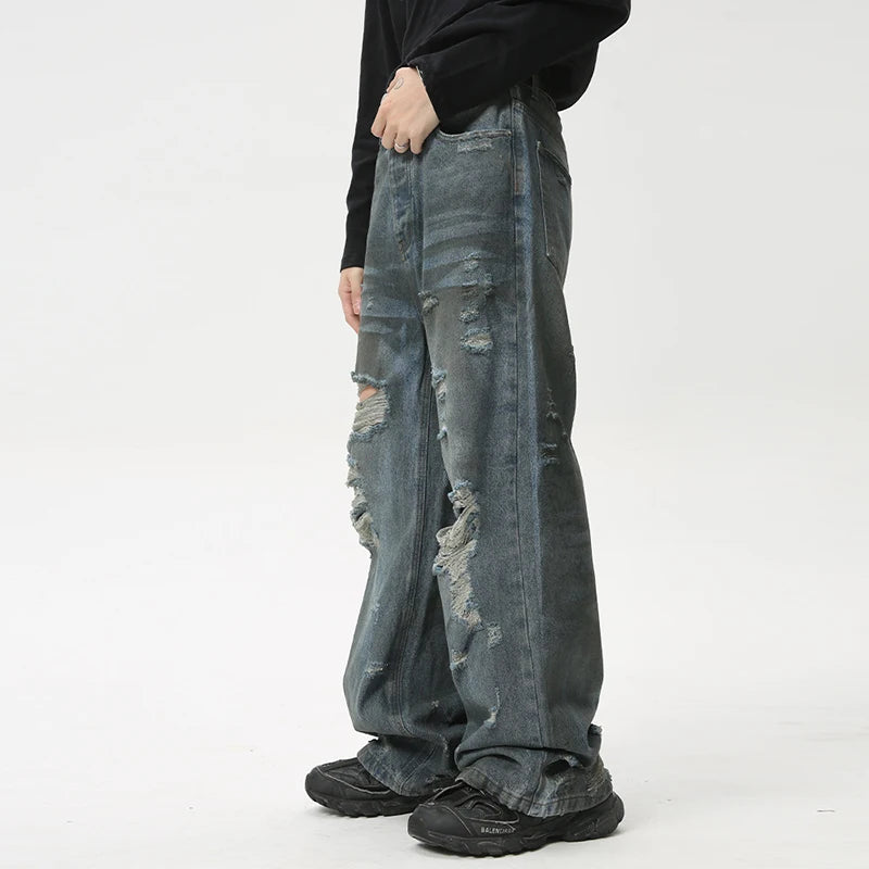 High Street Worn-out Male Denim Pants Straight Loose Men Jeans Washed Hole Design Hip Hop Zipper Men Clothing 9C6087